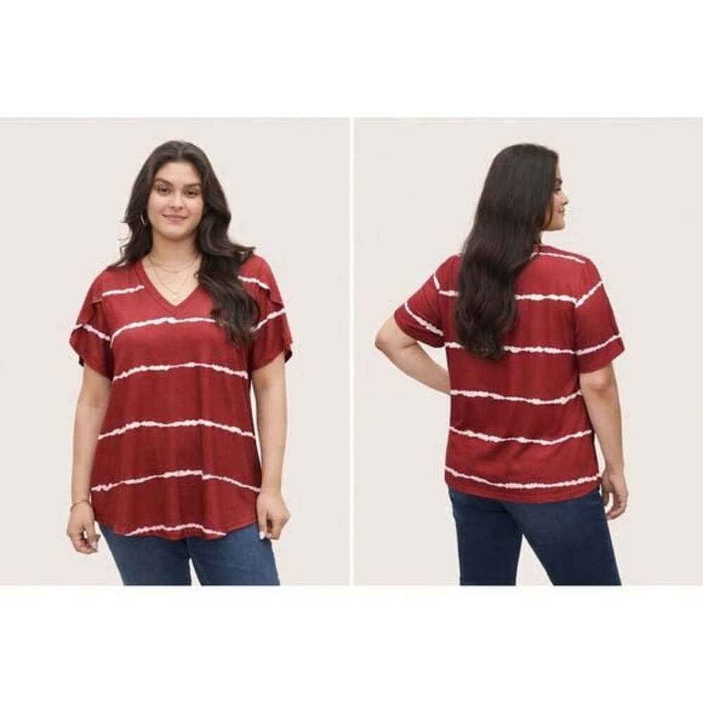 Bloomchic Red Striped T Shirt Top Pedal Sleeves Size 10 Medium Stretchy Comfy